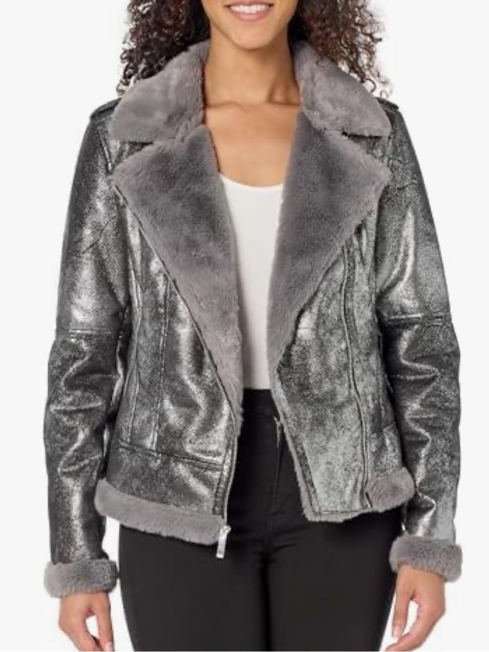 Tommy Hilfiger Metallic Silver Faux Shearling Moto Jacket